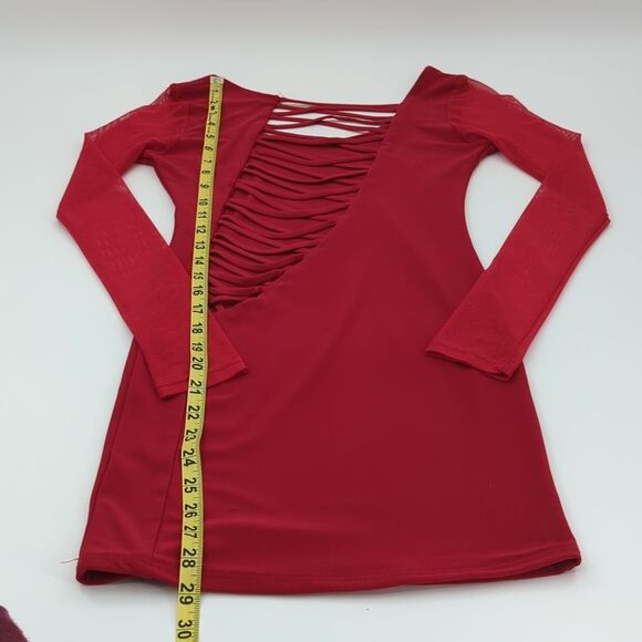 A’GACI Y2K Red Bodycon Asymmetrical Open Back Mesh Sleeve Mini Dress Size Small - Picture 6 of 8